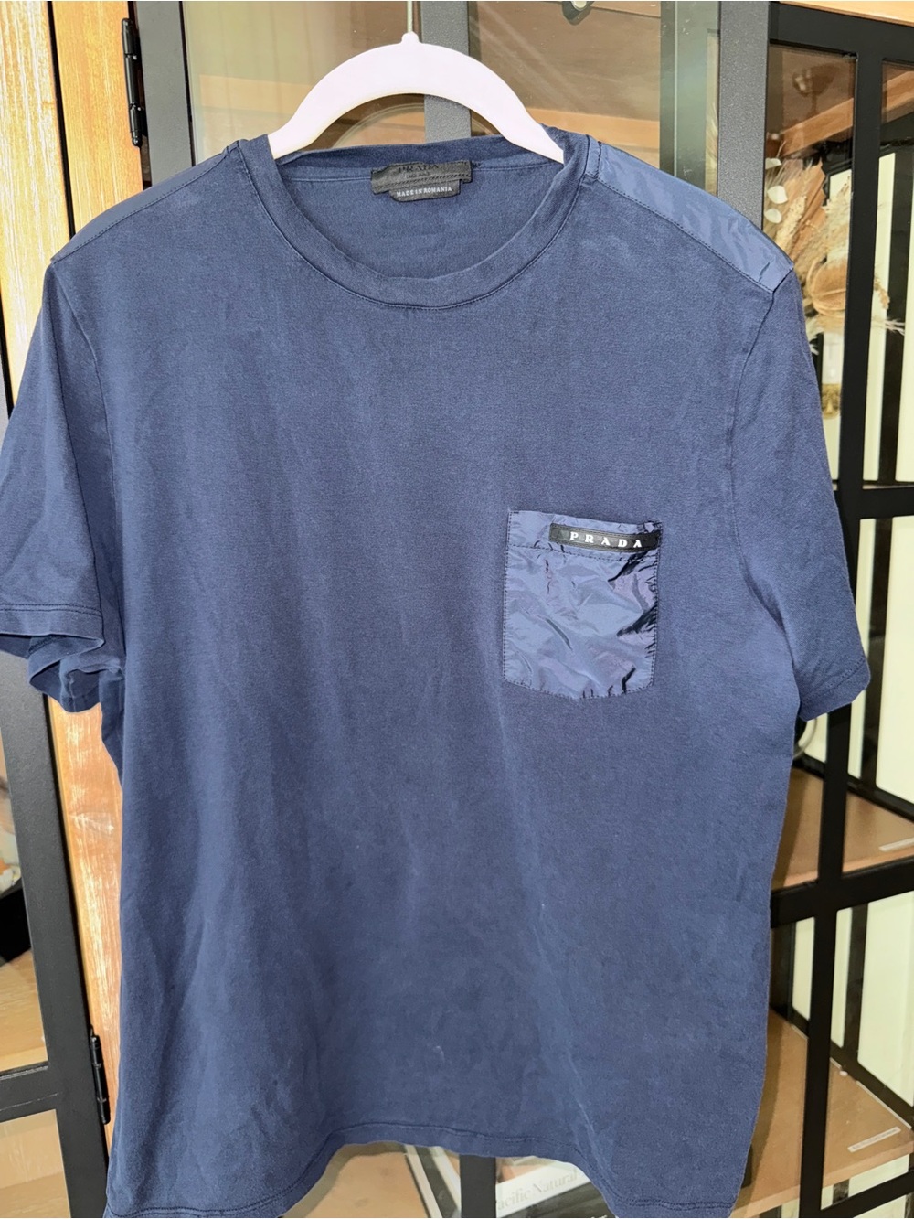 Authentic Prada logo pocket tee navy nylon t-shirt aviazione short skeeve crew